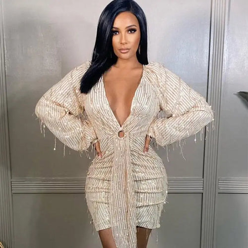Sexy Sequin Tassel Short Fringe Party Dress - Khaki / S