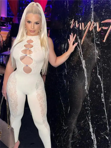 Sexy Solid Mesh Hollow Out Bodycon Jumpsuit