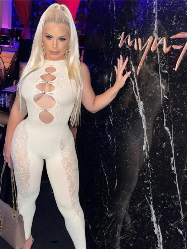 Sexy Solid Mesh Hollow Out Bodycon Jumpsuit