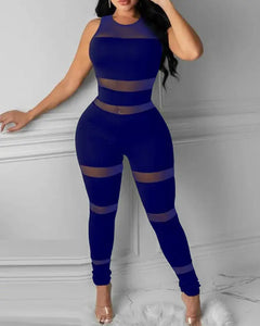 Sheer Mesh Sleeveless Skinny Jumpsuit - Blue / XL