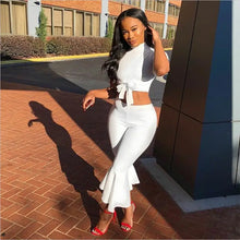 Load image into Gallery viewer, Short Sleeve Bow Tie Up Top and Cropped Flare Pants Set