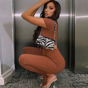 Short Sleeve Brown Cropped Top and Pencil Pants