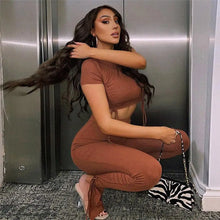 Load image into Gallery viewer, Short Sleeve Brown Cropped Top and Pencil Pants