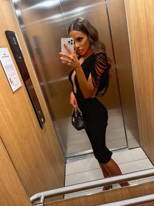 Short Sleeve Tassel O-Neck Midi Bodycon Dress - S / Black