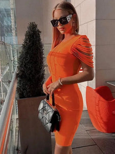 Short Sleeve Tassel O-Neck Midi Bodycon Dress - S / Orange