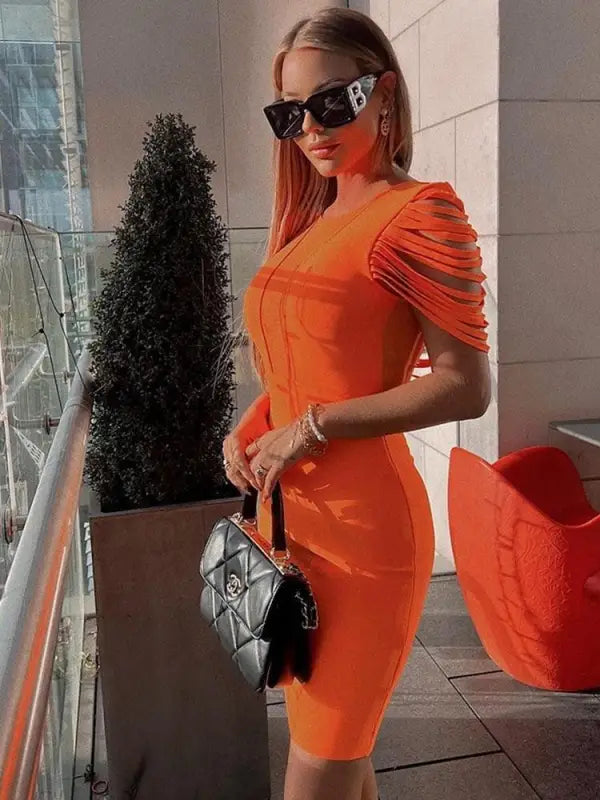 Short Sleeve Tassel O-Neck Midi Bodycon Dress - S / Orange