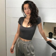 Load image into Gallery viewer, Short Sleeve U-Neck Gray Tee Tank Top