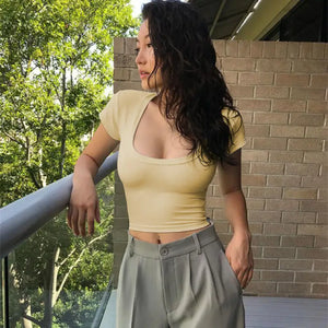 Short Sleeve U-Neck Gray Tee Tank Top - Apricot / S