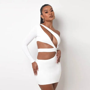 One Shoulder Backless Bandage Cut Out Mini Dress - whtie / S