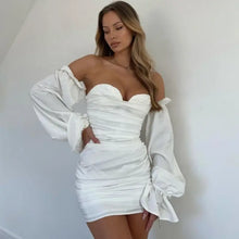Load image into Gallery viewer, Off Shoulder Backless Ruched Bodycon Lantern Sleeve Dress
