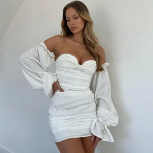 Off Shoulder Backless Ruched Bodycon Lantern Sleeve Dress