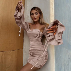 Off Shoulder Backless Ruched Bodycon Lantern Sleeve Dress