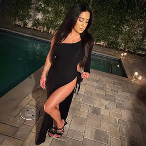 One Shoulder Cut Out Slit Maxi Dress