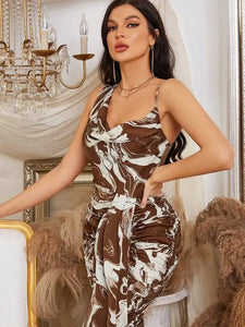 One Shoulder Draped V Neck Pleated Dress