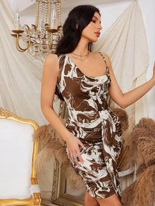One Shoulder Draped V Neck Pleated Dress
