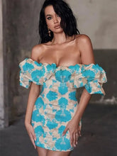 Load image into Gallery viewer, Off Shoulder Embroidered Floral Mini Bodycon Dress - XS