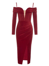 Load image into Gallery viewer, Off the Shoulder Long Sleeve Bodycon Midi Dress - M / Red