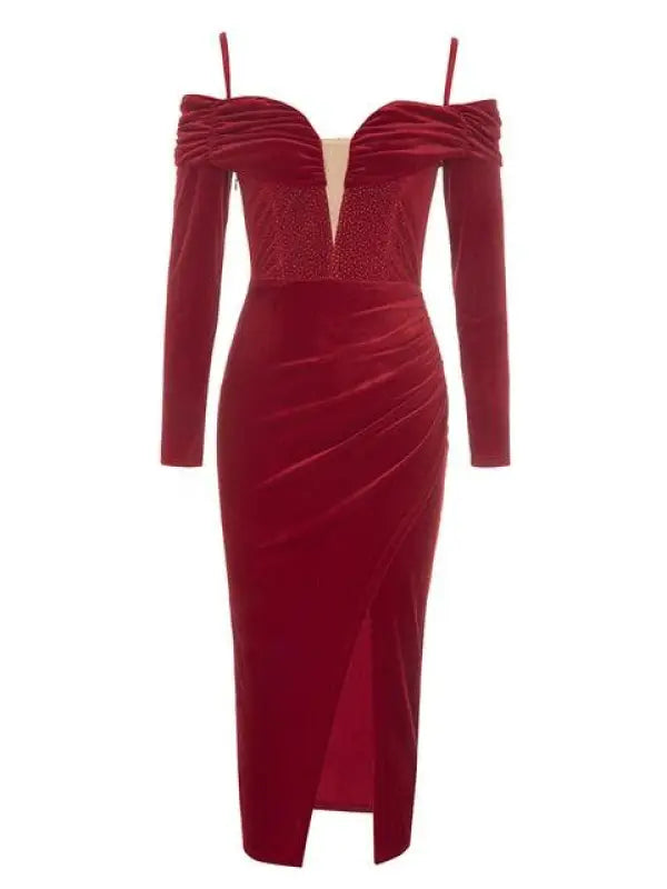 Off the Shoulder Long Sleeve Bodycon Midi Dress - M / Red