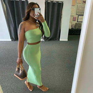 One Shoulder Long Sleeve Crop Top & Skirt Set
