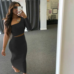One Shoulder Long Sleeve Crop Top & Skirt Set - black / L