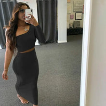 Load image into Gallery viewer, One Shoulder Long Sleeve Crop Top &amp; Skirt Set - black / M