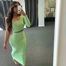 Load image into Gallery viewer, One Shoulder Long Sleeve Crop Top &amp; Skirt Set - green / L