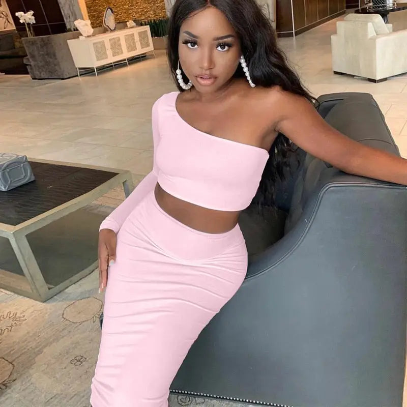 One Shoulder Long Sleeve Crop Top & Skirt Set - Pink / S