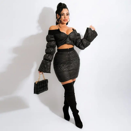 Off The Shoulder Long Sleeve Crop Top and Zipper Up Bodycon