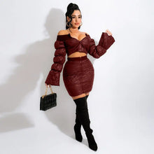 Load image into Gallery viewer, Off The Shoulder Long Sleeve Crop Top and Zipper Up Bodycon