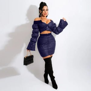 Off The Shoulder Long Sleeve Crop Top and Zipper Up Bodycon