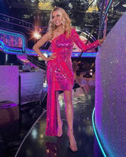 Load image into Gallery viewer, One Shoulder Long Sleeves Sequin Party Dress - M / rose red