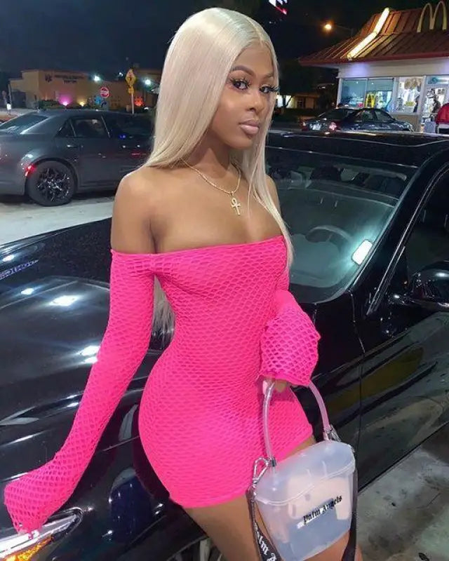 Off Shoulder Mesh Bodycon Mini Dress - XL / rose
