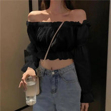 Load image into Gallery viewer, Off Shoulder Puff Sleeve Tunic Crop Top - Black / XXL