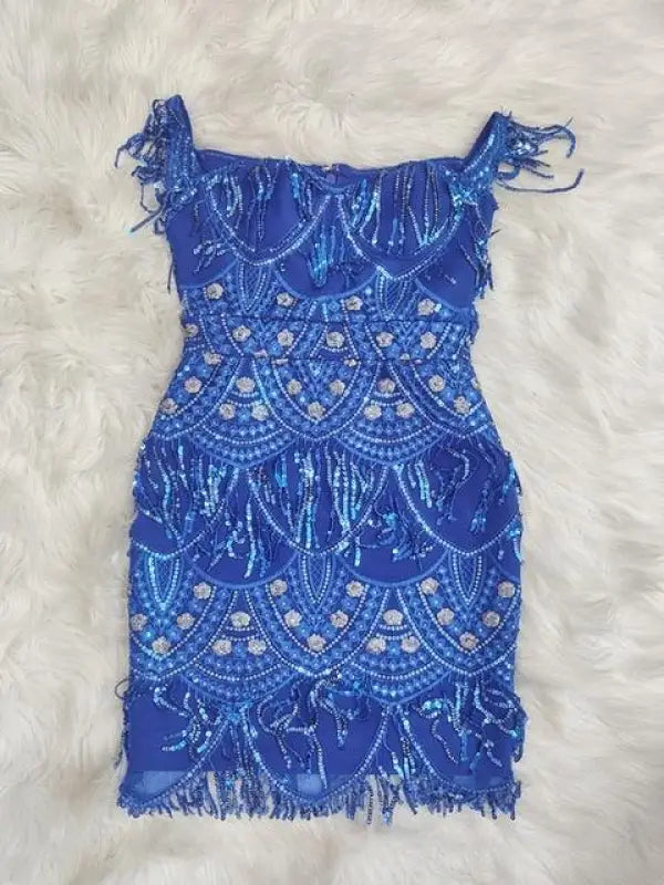 Off Shoulder Sequin Mini Bandage Dress - M / Blue