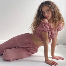 Load image into Gallery viewer, Off Shoulder Short Sleeve Crop Top With Pants Pajama Set
