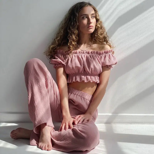 Off Shoulder Short Sleeve Crop Top With Pants Pajama Set