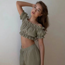 Load image into Gallery viewer, Off Shoulder Short Sleeve Crop Top With Pants Pajama Set