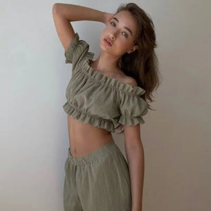 Off Shoulder Short Sleeve Crop Top With Pants Pajama Set