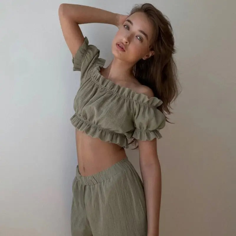 Off Shoulder Short Sleeve Crop Top With Pants Pajama Set