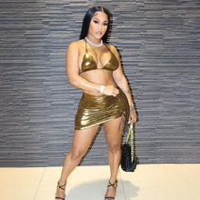 Load image into Gallery viewer, Silk Gold Sexy Crop Top Bra &amp; Skirt Set