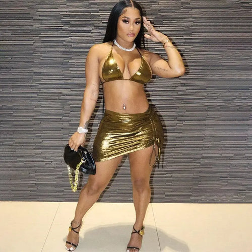 Silk Gold Sexy Crop Top Bra & Skirt Set
