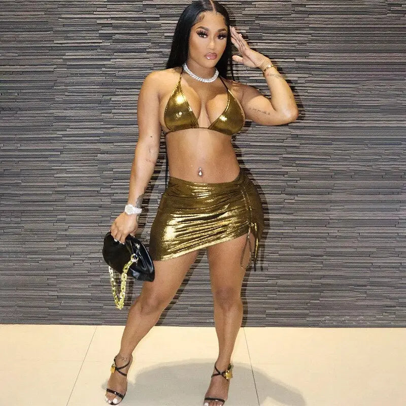 Silk Gold Sexy Crop Top Bra & Skirt Set