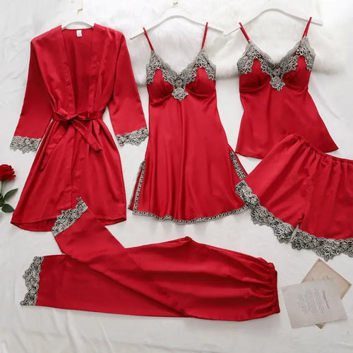 Silk Robe Lace Satin Pajamas Gown Set