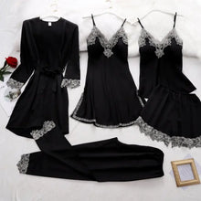 Load image into Gallery viewer, Silk Robe Lace Satin Pajamas Gown Set - Black - A 193 / XL