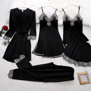 Silk Robe Lace Satin Pajamas Gown Set - Black - A 193 / XL