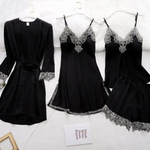 Load image into Gallery viewer, Silk Robe Lace Satin Pajamas Gown Set - Black - B 200004889