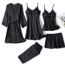 Load image into Gallery viewer, Silk Robe Lace Satin Pajamas Gown Set - Black - F 200003699