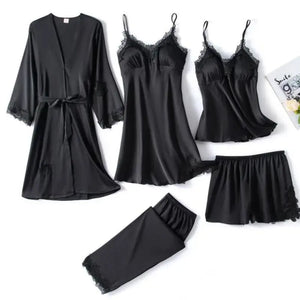 Silk Robe Lace Satin Pajamas Gown Set - Black - F 200003699