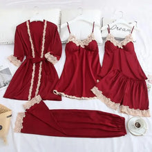 Load image into Gallery viewer, Silk Robe Lace Satin Pajamas Gown Set - Burgundy - G 10 / XL