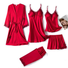 Load image into Gallery viewer, Silk Robe Lace Satin Pajamas Gown Set - Burgundy - G 366